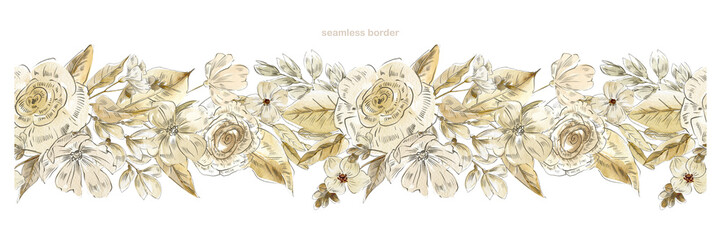 Watercolor beige  frames, bouquets  and seamless border with dry leaves and herbs, boho loral arrangement. illustration for Save the Date, baby shower, wedding invitation cards