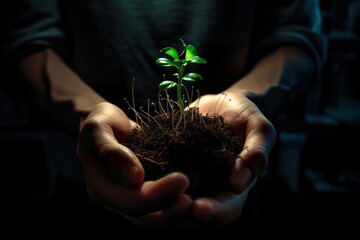 Hands holding plant growing in a dark background. Climate change and renewable energy concept.Image ai generate. Generative AI