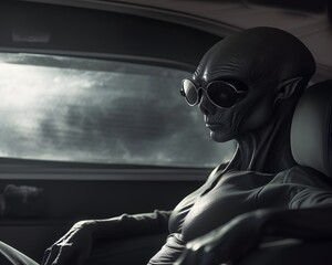 In the style of extraterrestrial encounters, an alien wearing black sunglasses converses inside a UFO. Generative AI - obrazy, fototapety, plakaty