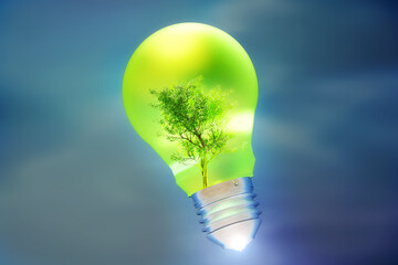 Eco friendly renewable green energy concept. Environmental Protection, Sustainable Energy Sources. Environmental Friendly tree inside light bulb. 3D render illustration.