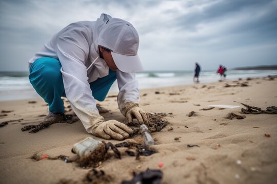 Volunteers picking up trash from the beach.Image ai generate. Generative AI