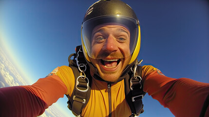 Young man parachutist smiling in free fall. Perfect concept of happiness and freedom.