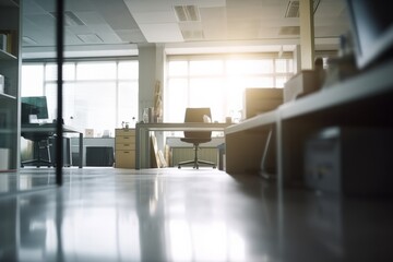 Blurry scene business office background. Lobby reception hall interior or empty indoor foyer meeting room with blurry light from glass wall window