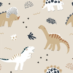 Childish seamless pattern with hand drawn dinosaurs. Creative vector kids background for fabric, textile, wallpaper - 613809026