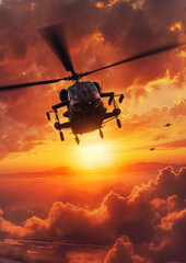 Fototapeta na wymiar Battle helicopter flying into sunset clouds, silhouette visible only. Generative AI