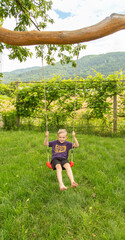 A boy of seven years old rides on a swing in the garden