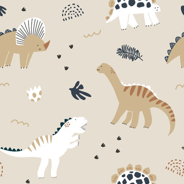Childish seamless pattern with hand drawn dinosaurs. Creative vector kids background for fabric, textile, wallpaper © solodkayamari