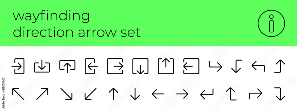 Poster wayfinding system direction arrow linear icon set. way finding entrance and exit outline symbol coll