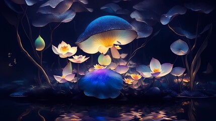 Fantasy mushroom in the dark image art illustration, generative Ai art