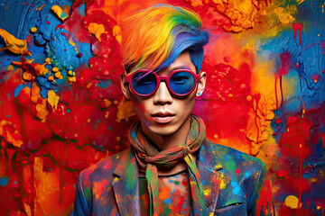 High Korean Fashion model man in colorful bright lights posing in studio, portrait of beautiful sexy male with trendy make-up. Art design, colorful make up.