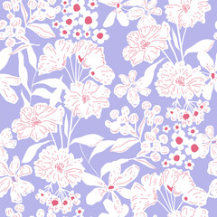 Hand drawn delicate white and lilac floral texture. Blooming flowers seamless pattern. Perfect for fabric, textile, wrapping paper. Vector illustration