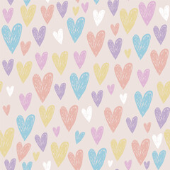 Seamless pattern with pastel hand drawn hearts. Abstract childish texture. Vector illustration