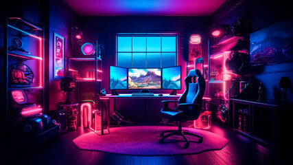 Futuristic gaming room with neon lights. Generative AI.