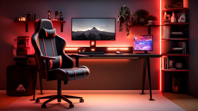 Interior of modern gaming room and home office with black armchair gamer and computer. Generative AI.