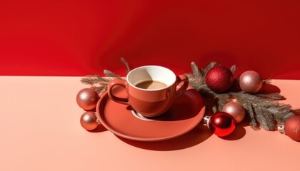 Obraz na płótnie Canvas Flat lay view Christmas decoration hot chocolate baubles, star anise. red brown background.