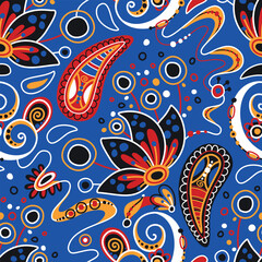 Folkloric Seamless Pattern with Paisley Flower, Nature Inspired Design Element. Ornate Abstract Pattern. Endless Texture for Fabric, Wallpaper etc. Vector Illustration 