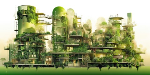 AI Generated. AI Generative. Future eco green ecology friendly plant tree city urban buildings town. Graphic Art