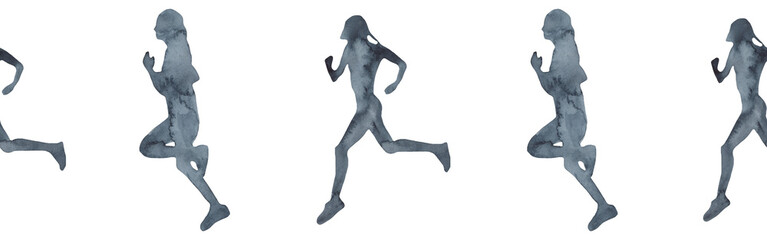 Sports at sunrise border.Running.Gymnastics.Morning gym.Watercolor silhouette sport isolated on white background.