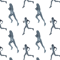 Sports at sunrise pattern.Running.Gymnastics.Morning gym.Watercolor silhouette sport isolated on white background.