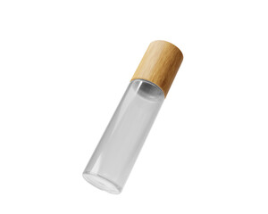 Blank clear white Roll On Glass Bottle with bamboo lid isolated on transparent background, prepared for mockup, 3D render.