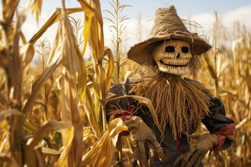 Playful Scarecrow Guarding Thriving Corn Crop With Diligence. Generative AI