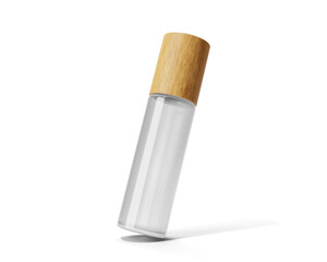 Blank clear white Roll On Glass Bottle with bamboo lid isolated on transparent background, prepared for mockup, 3D render.