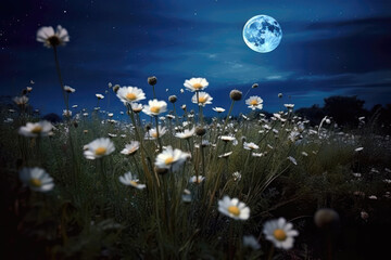 Beautiful Flowers In The Field At Night Against The Full Moon, View From Below. Generative AI