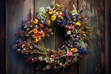 Wreath Of Vibrant Wildflowers Adorning Rustic Wooden Door. Generative AI