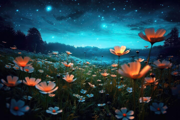 Beautiful Flowers In The Field At Night Against The Background Of The Month. Earth Day. Generative AI