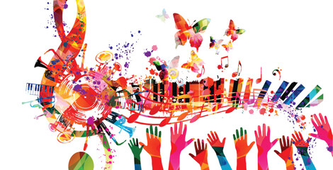 Colorful musical poster with G-clef, LP vinyl record disc and musical instruments vector illustration. Playful background for live concert events, music festivals, shows, party flyer with piano keys © abstract