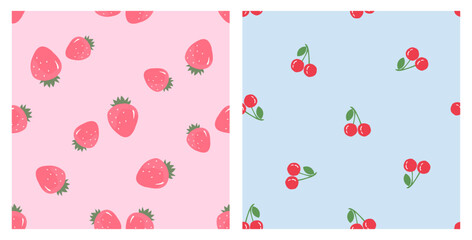 Seamless pattern with strawberries on pink background and cherries on blue background vector illustration. Cute fruit print.