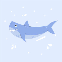 Poster with cute sea blue shark. A colorful illustration of a swimming ocean shark sticker for kids. Cute cartoon undersea world. Vector stock illustration. Deep Ocean or sea with shark.