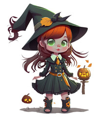 girl in witch costume, Halloween, in cartoon style, isolated on white background