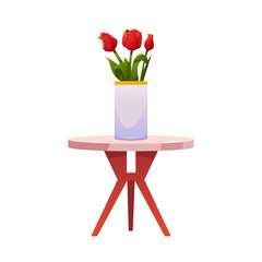 Table with a Vase and Tulips Isolated on White. Furniture. Interior Design Element. Cute Vector Illustration in Cartoon Style. 