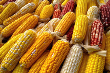 Fototapeta na wymiar Sunkissed Corn Cobs Neatly Aligned In Farmers Market. Generative AI