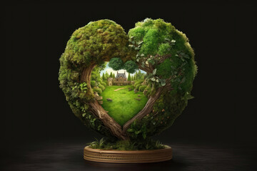 Globe Covered In Lush Green Foliage With Heartshaped Tree Carved On Its Surface. Earth Day. Generative AI