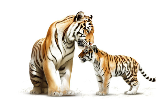Image of tiger mother and baby tiger on a white background. Wild animal. illustration, generative AI.