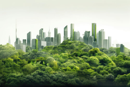 Image Of City Skyline Transforming Into Green Cityscape, Showcasing The Transition Towards Sustainable Urban Development. Earth Day. Generative AI