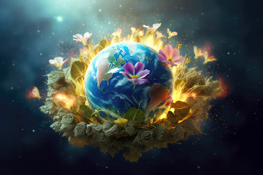 Illustration Of Earth As Blooming Flower, Representing The Growth And Vitality Of The Planet. Generative AI