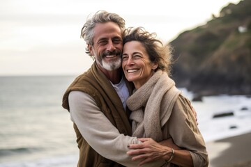 Joyful couple sharing a loving hug on a beach. Generative Ai