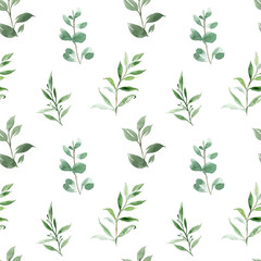 Eucalyptus leaves are a seamless pattern. Watercolor leaves background. Vintage style.