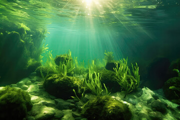 Fototapeta na wymiar Ulva Swaying Underwater, Closeup. Generative AI