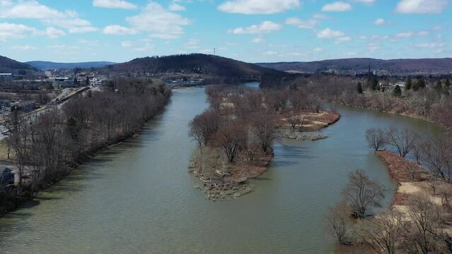 Aerial Slider Shot of the Susquehanna River in Binghamton New York