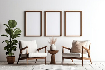 Fototapeta na wymiar Blank picture frame mockup on gray wall. White living room design. generative AI 