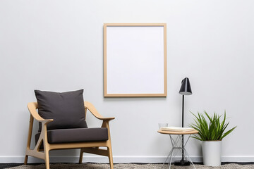Blank picture frame mockup on gray wall. White living room design. generative AI	
