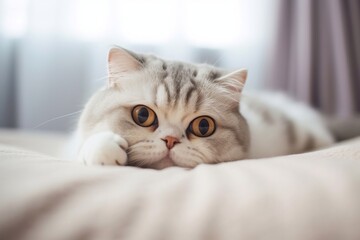Portrait of tired Scottish fold cat lying in bed at home and looking at camera. Generative AI