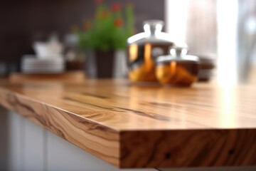 Wooden Podium Countertop On Blurs Modern Kitchen, Closeup. Empty Display Case For Food Product. Generative AI