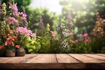 Fototapeta na wymiar Wooden Podium Tabletop Blurs The Tranquil Garden With Blooming Flowers Backdrop, Empty Display Case For A Cosmetic Or Food Product.. Generative AI