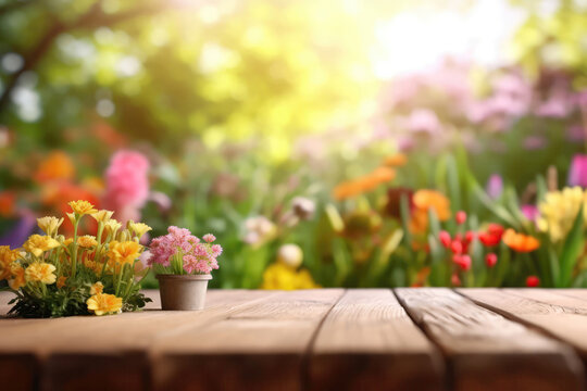 Wooden Podium Tabletop Blurs The Colorful Spring Flowers And Garden Backdrop. Empty Display Case For A Cosmetic Or Food Product. Generative AI