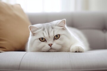 Portrait of Scottish fold cat lying in sofa and looking at camera. Generative AI